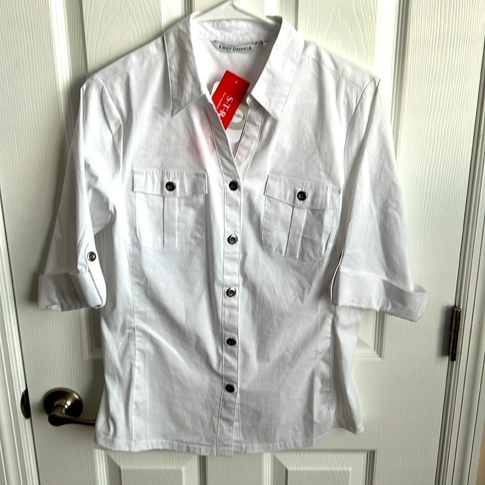 Emily Daniels White Stretch Button Down 3/4‎ Sleeve Shirt
